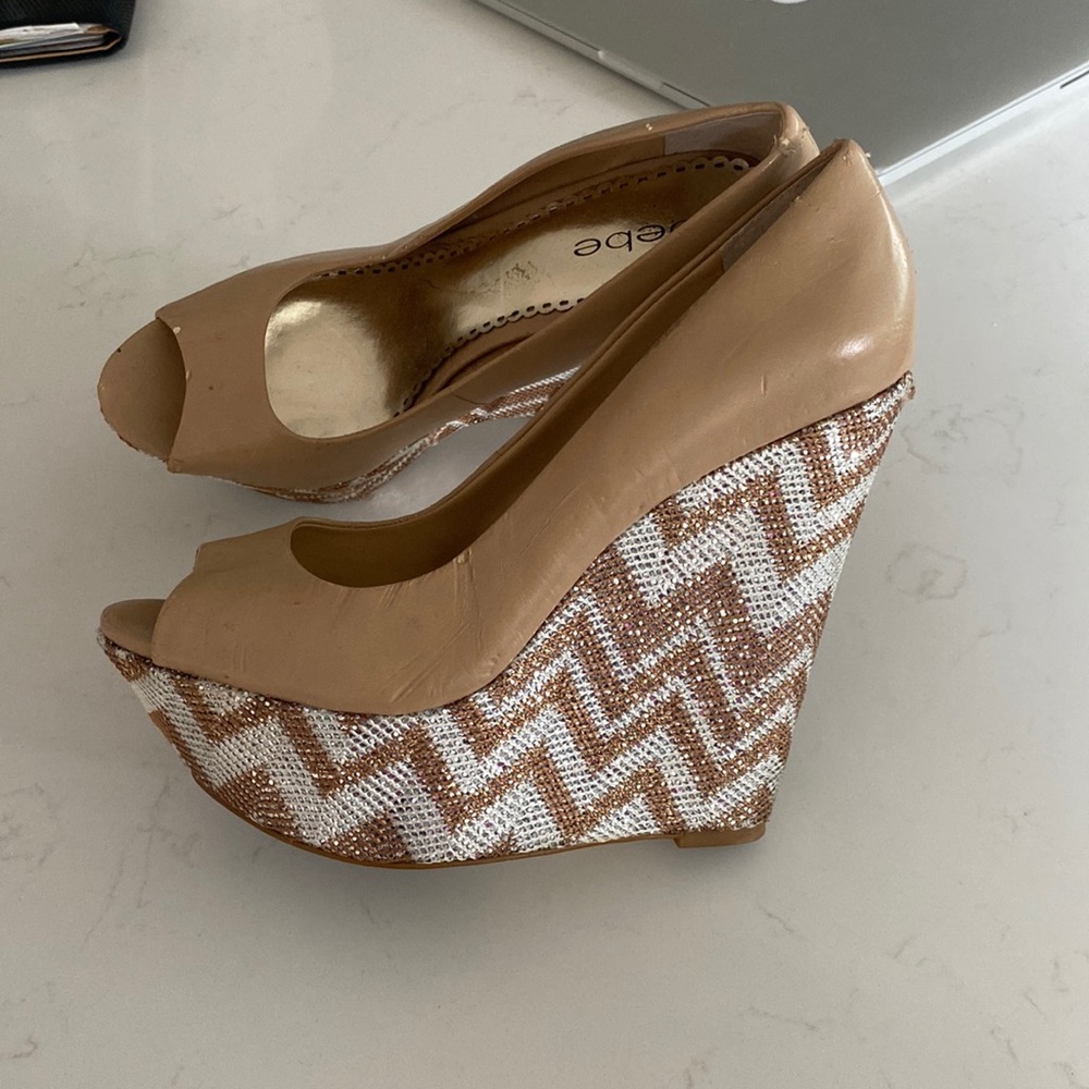 Bebe rhinestone wedge peep toe shoes